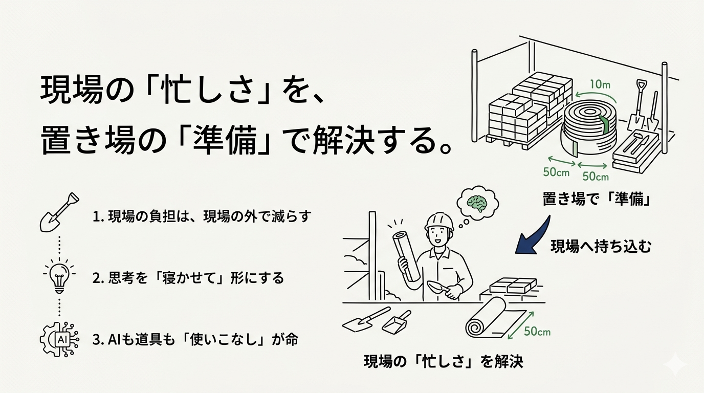 現場の「忙しさ」を、置き場の「準備」で解決する。